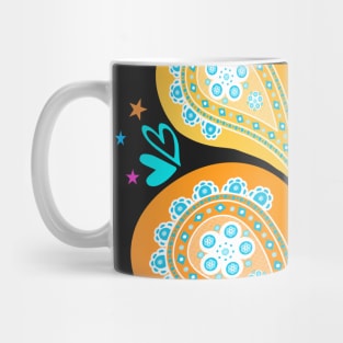 Pretty Cute Paisley Pattern with hearts and stars in orange, pink and blue Mug